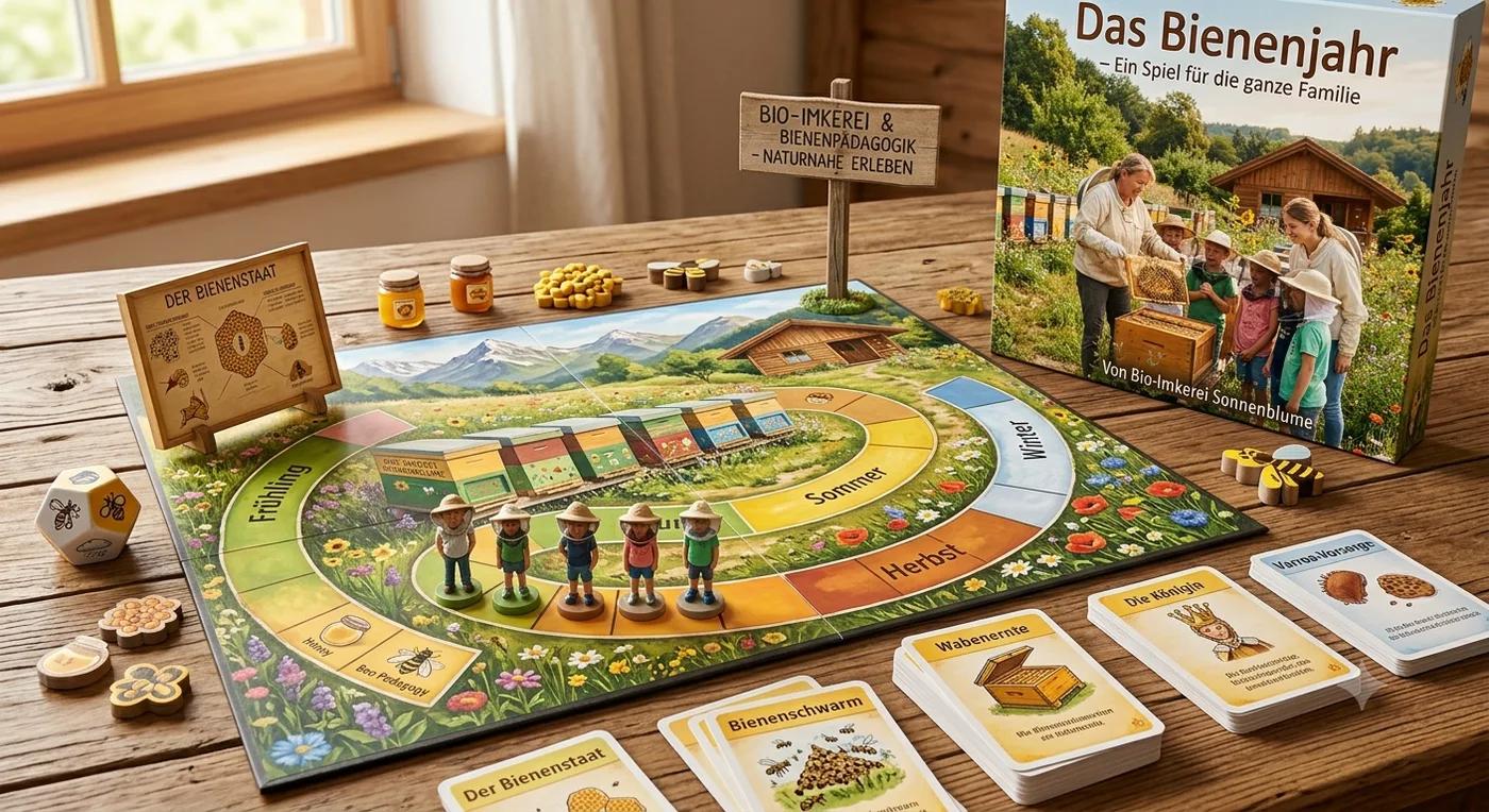 Das Bienenjahr – Spielbrett mit vier Jahreszeiten, Imker-Figuren und Ereigniskarten wie Bienenschwarm und Wabenernte